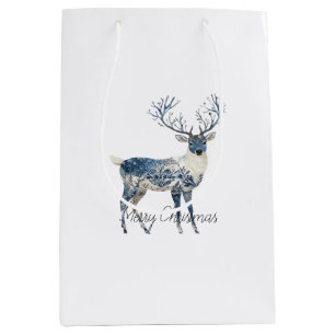 Nordic Blue White Deer Christmas Medium Gift Bag