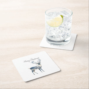 Nordic Blue White Deer Christmas Square Paper Coaster