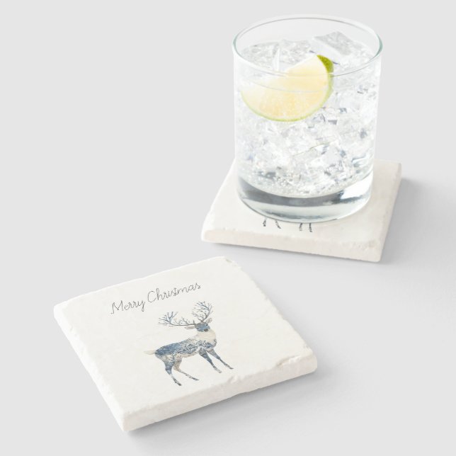 Nordic Blue White Deer Christmas Stone Coaster (Side)