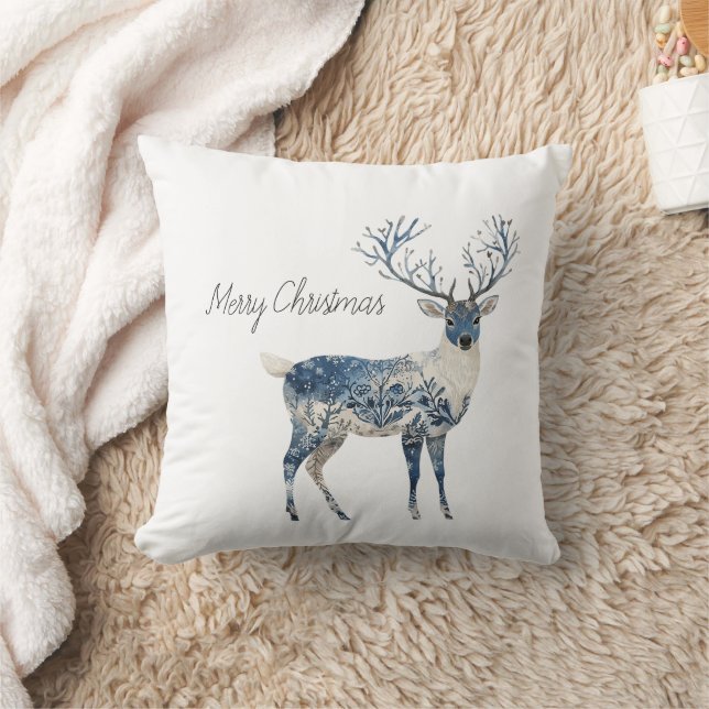 Nordic Blue White Deer  Throw Pillow (Blanket)