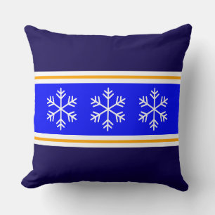 Nordic Bright Blue Navy Stripes White Snowflakes Throw Pillow