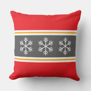 Nordic Bright Red Grey Stripes White Snowflakes Throw Pillow