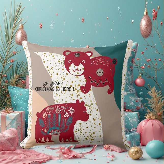 Nordic Christmas Bear Cat Snow Boho Bohemian Art Throw Pillow (Nordic Christmas Bear Cat Snow Boho Bohemian Art Throw Pillow)