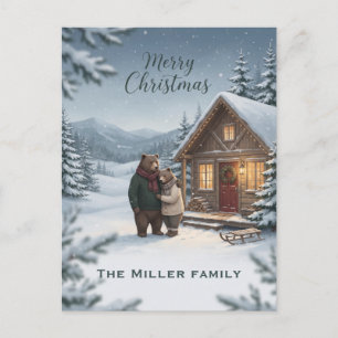 Nordic Christmas Cozy Bears Cabin Custom Family Holiday Postcard