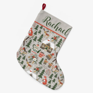 Nordic Christmas Elements with Name Large Christmas Stocking