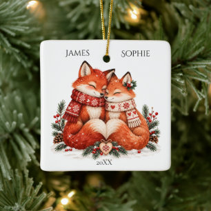 Nordic Christmas Fox Couple Scandinavian Winter Ceramic Ornament