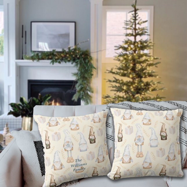Nordic Christmas Gnomes Custom Name Throw Pillow (Creator Uploaded)