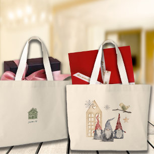 Nordic Christmas Gnomes & Home Custom Name Large Tote Bag