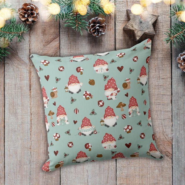 Nordic Christmas Gnomes Soft Green Throw Pillow (Creator Uploaded)