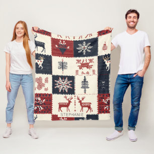 Nordic Christmas Knit Reindeer & Snowflakes Fleece Blanket