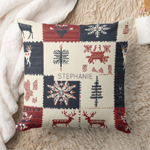 Nordic Christmas Knit Reindeer & Snowflakes Throw Pillow