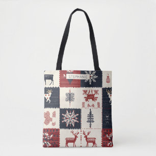 Nordic Christmas Knit Reindeer & Snowflakes Tote Bag