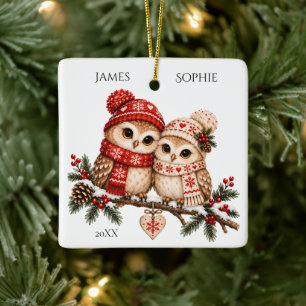 Nordic Christmas Owl Couple Scandinavian Winter  Ceramic Ornament