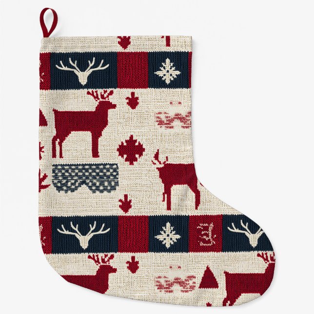 Nordic Christmas Patchwork | Knitted Reindeer (2) Large Christmas Stocking (Front)