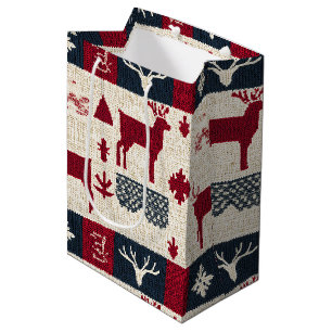 Nordic Christmas Patchwork   Knitted Reindeer (2) Medium Gift Bag