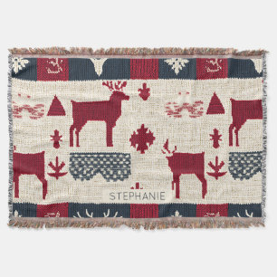 Nordic Christmas Patchwork Knitted Reindeer (2) Throw Blanket