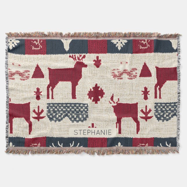 Nordic Christmas Patchwork | Knitted Reindeer (2) Throw Blanket (Front)