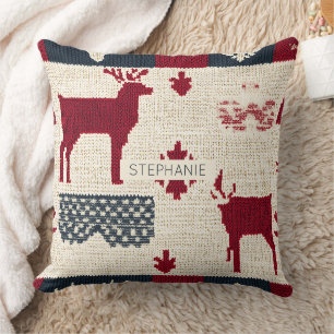 Nordic Christmas Patchwork   Knitted Reindeer (2) Throw Pillow