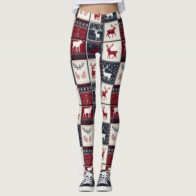 Nordic Christmas Patchwork | Knitted Reindeer Leggings (Front)