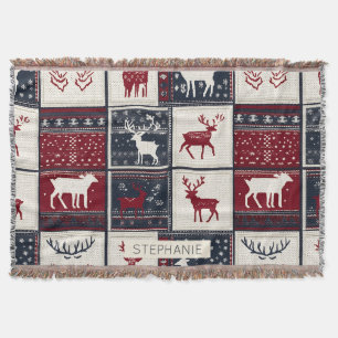 Nordic Christmas Patchwork Knitted Reindeer Throw Blanket
