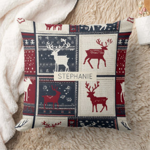 Nordic Christmas Patchwork   Knitted Reindeer Throw Pillow