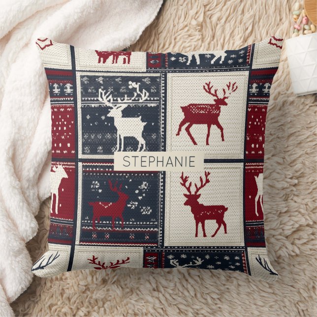 Nordic Christmas Patchwork | Knitted Reindeer Throw Pillow (Blanket)