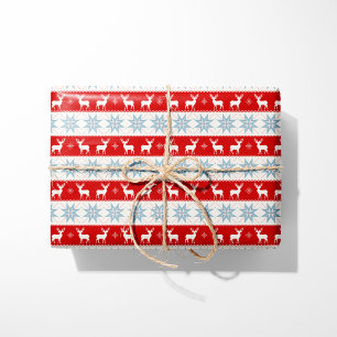 Nordic Christmas Reindeer and Snowflakes Red Wrapping Paper