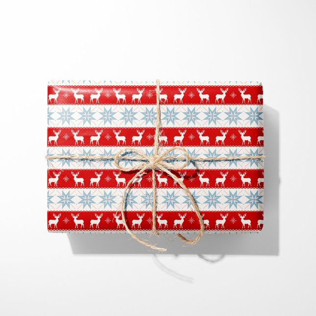 Nordic Christmas Reindeer and Snowflakes Red Wrapping Paper (Creator Uploaded)