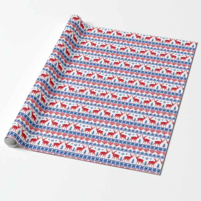 Nordic Christmas Reindeer Pattern Wrapping Paper (Unrolled)