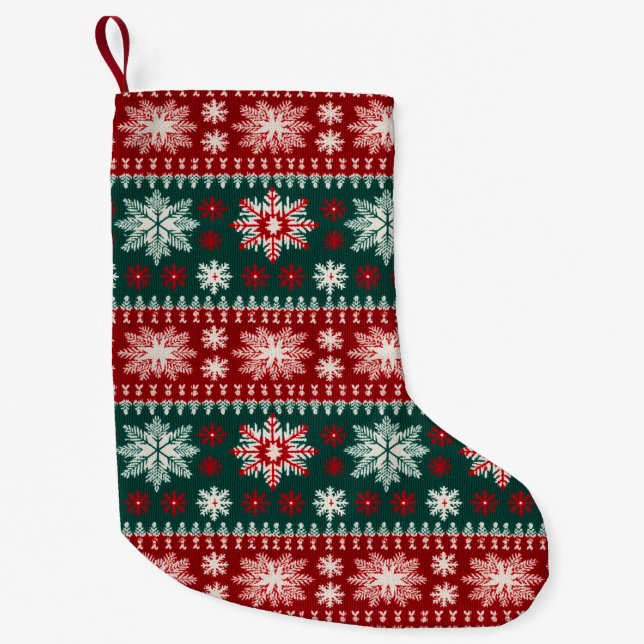 Nordic Christmas Snowflake Faux Knitted Pattern Small Christmas Stocking (Front)