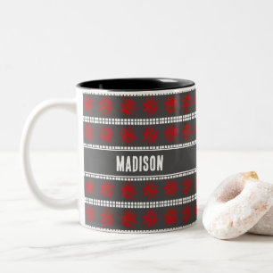 Nordic Christmas snowflake pattern grey red white Two-Tone Coffee Mug