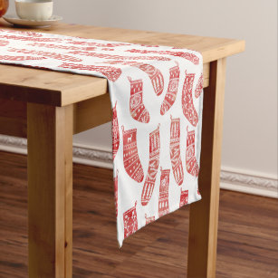 Nordic Christmas Stockings Red and White Pattern Short Table Runner