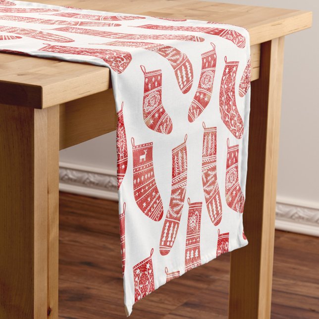 Nordic Christmas Stockings Red and White Pattern Short Table Runner (Nordic Stockings red and white Scandinavian festive Christmas pattern table runner)