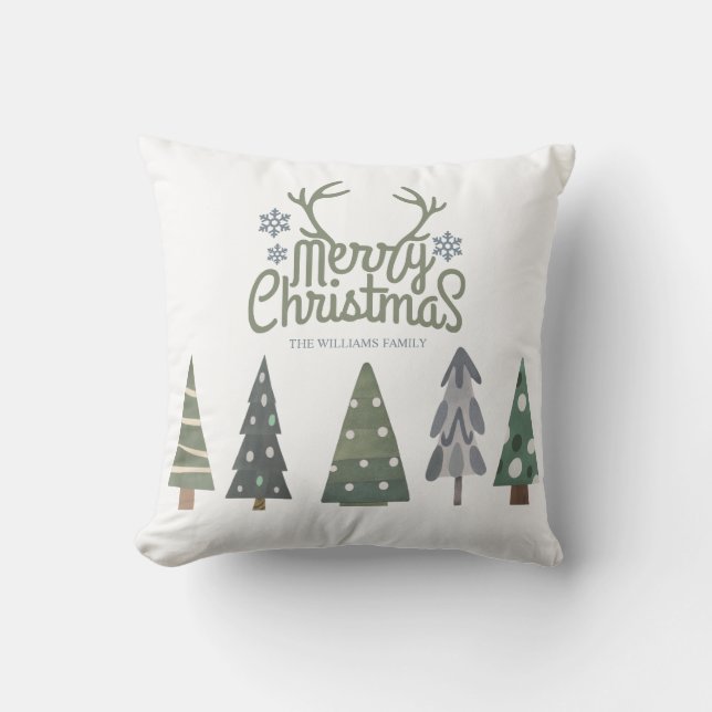 Nordic Christmas Trees Antlers Merry Christmas Throw Pillow (Front)