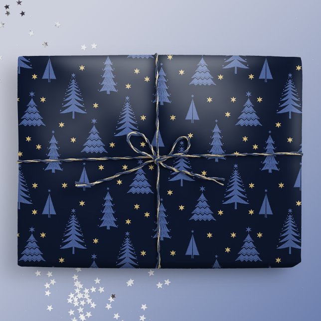 Nordic Cobalt Blue Christmas Trees Dark Wrapping Paper (Creator Uploaded)