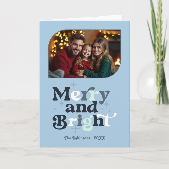 Nordic Cool Merry and Bright Retro Christmas Photo Holiday Card (Front)