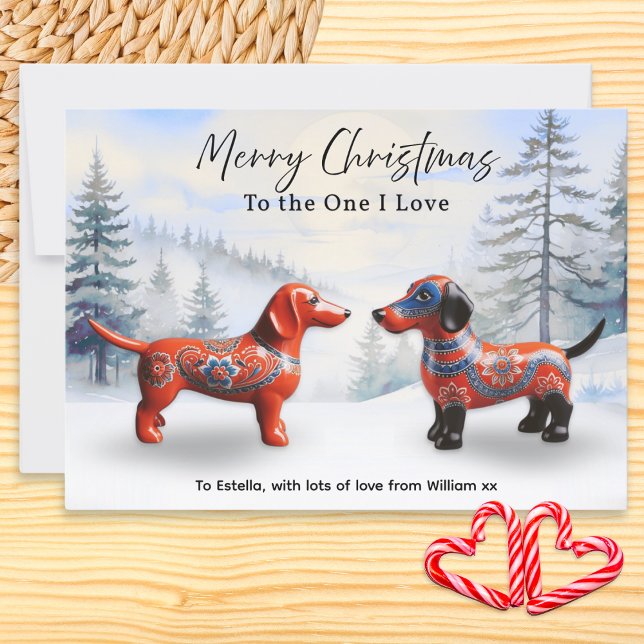 Nordic Dachshunds Snow Personalized Christmas Holiday Card (A Christmas card to 'The One I Love' in Nordic style, featuring two decorated dachshunds in the snow)