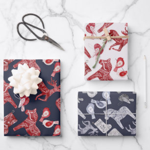 Nordic Dala Horse Moose Red Blue Christmas Wrapping Paper Sheet