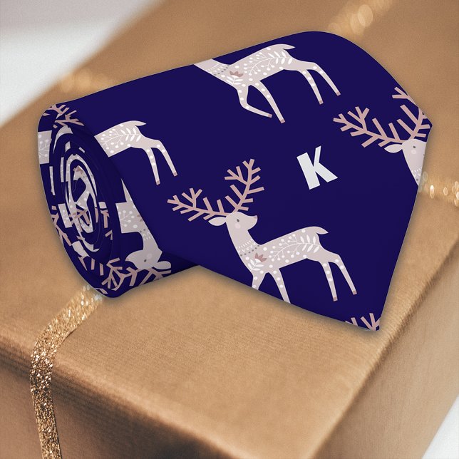 Nordic Deer Deep Blue Personalize Initial Tie (Creator Uploaded)