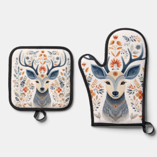 Nordic Deer Folk Art Oven Mitt & Pot Holder Set