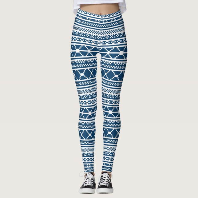 Nordic Fair Isle Sweater Blue White Knit Pattern Leggings (Front)