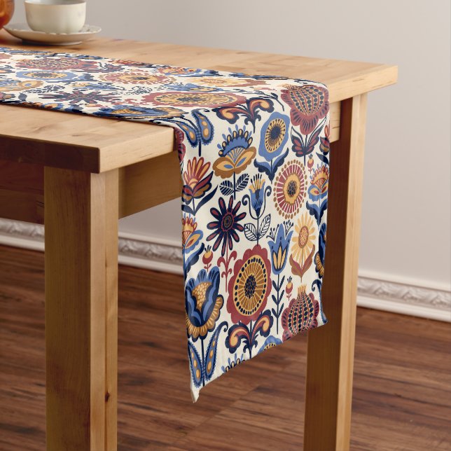 Nordic Flower Folk Art Pattern Medium Table Runner (In Situ)