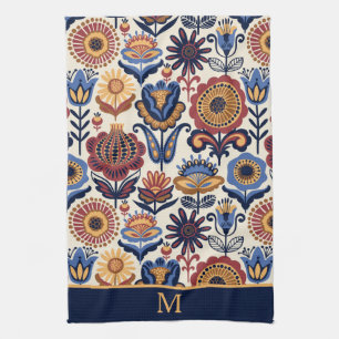 Nordic Flower Folk Art Pattern Monogram Kitchen Towel