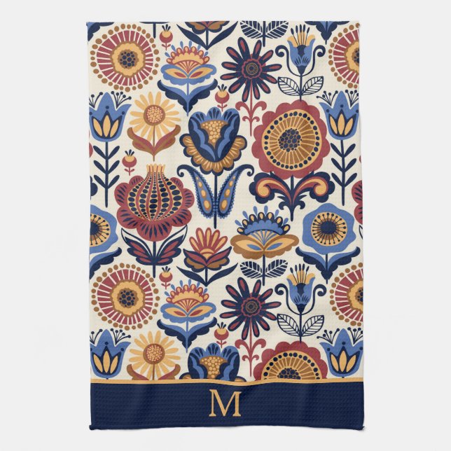 Nordic Flower Folk Art Pattern Monogram Kitchen Towel (Vertical)