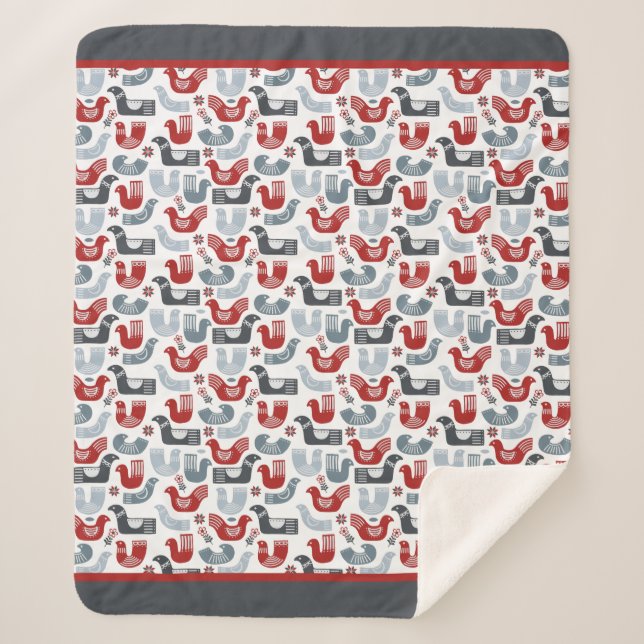 Nordic Folk Art Bird Pattern Sherpa Blanket (Front)