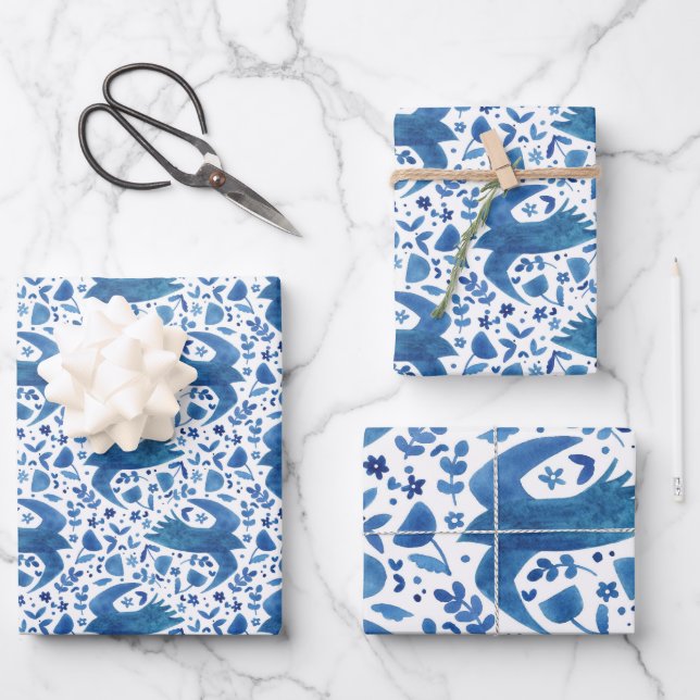 Nordic Folk Art Bird Wrapping Paper Sheet (Front)