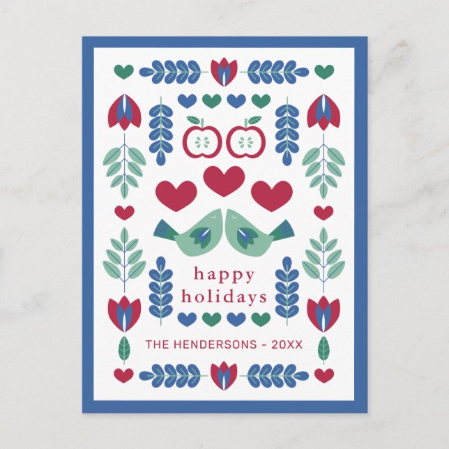 Nordic Folk Art Birds & Leaves Happy Holiday Postcard (Front)