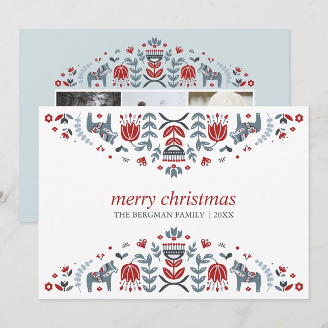 Nordic Folk Art | Christmas Holidays 3 Photo Holiday Card (Front/Back)