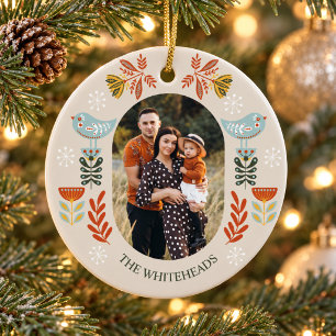 Nordic Folk Art Christmas Photo Ceramic Ornament