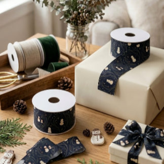 Nordic Folk Art Christmas Snowmen Navy Grosgrain Ribbon